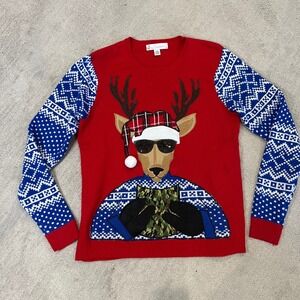 Jolly Sweaters Mens L Christmas Reindeer Novelty Ugly‎ Sweater Red Drink Holder